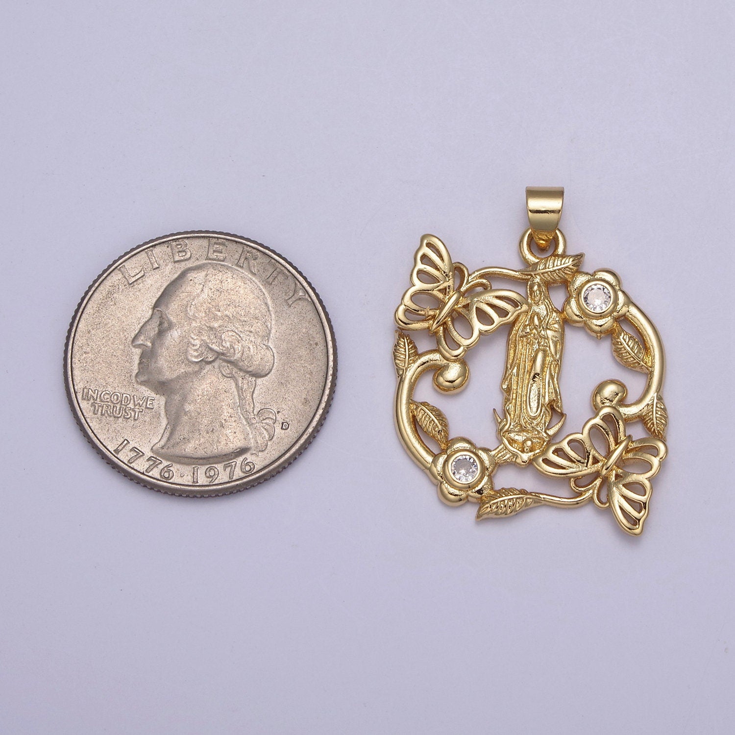 24K Gold Virgin Mother Mary with Mariposa Butterfly, Flower Pendant Charm For Baptism, Religious Charm For DIY Necklace Making H-823