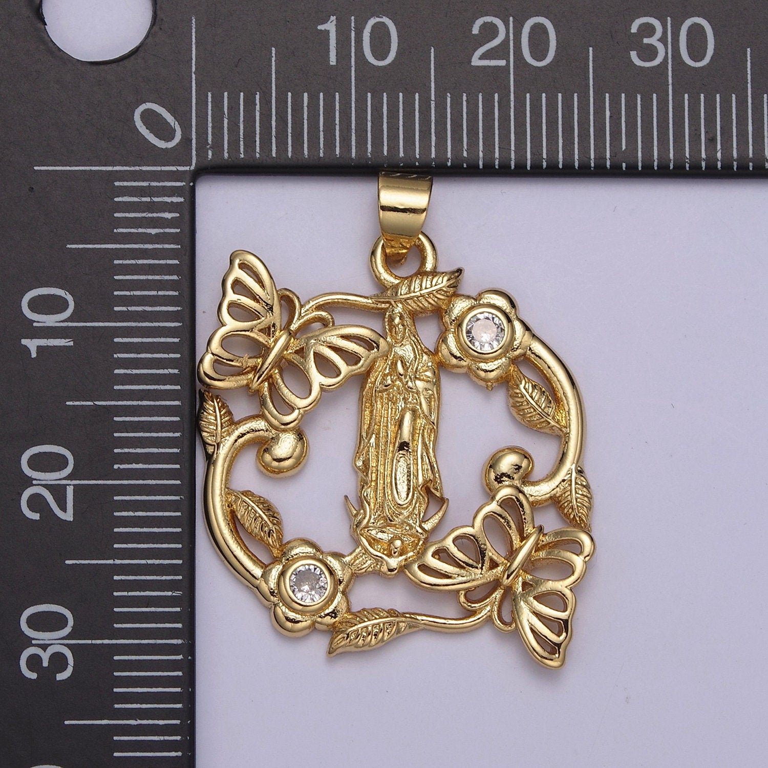 24K Gold Virgin Mother Mary with Mariposa Butterfly, Flower Pendant Charm For Baptism, Religious Charm For DIY Necklace Making H-823