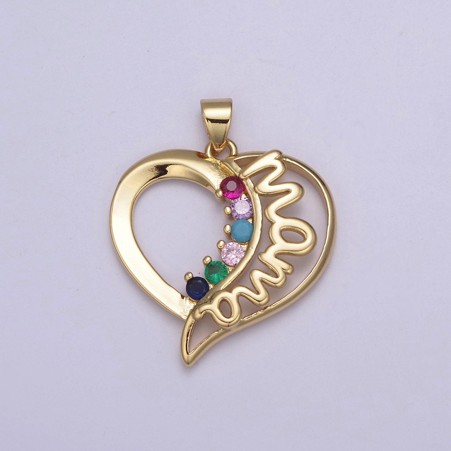 24K Gold Micro Pave Heart Pendant, Cubic Zirconia MAMA Charm, Mother's Day Pendant For DIY Jewelry Necklace Making, H-742