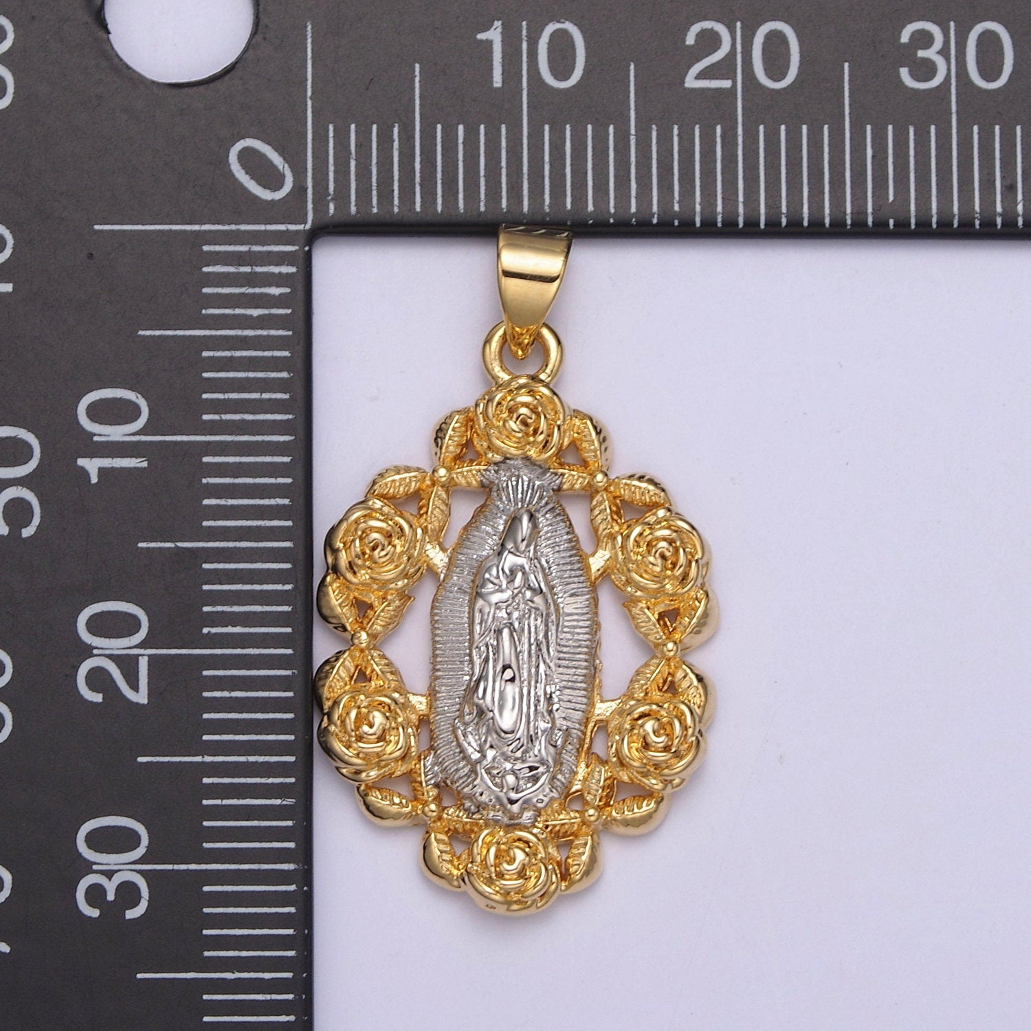 24K Gold Rose Flower, Silver Miraculous Lady Guadalupe Pendant, Religious Virgin Mary Charm For DIY Jewelry Making H-822