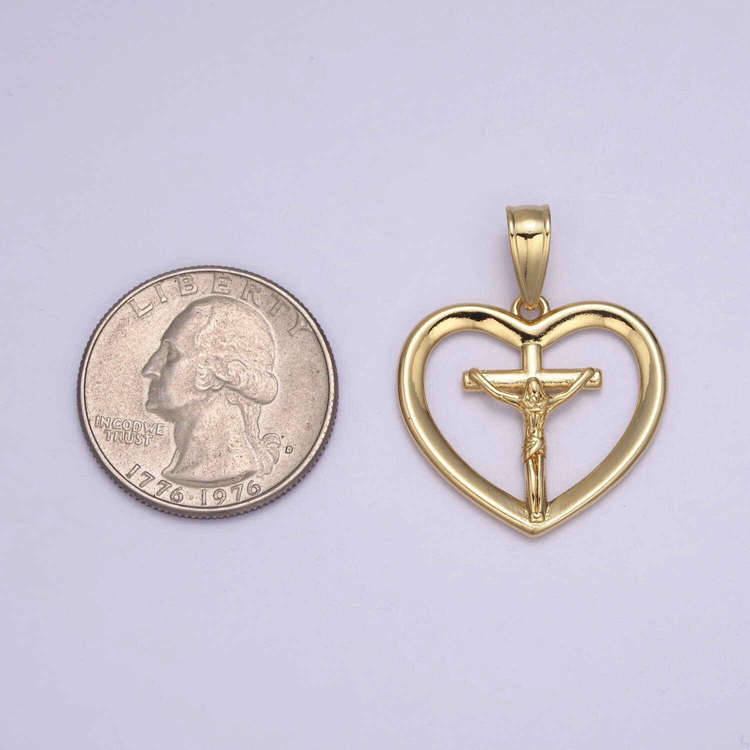 24K Gold Jesus on the Cross Charm, Jesus Loves You Heart Pendant, Religious Christian Catholic DIY Jewelry Necklace Making For Baptism H-701