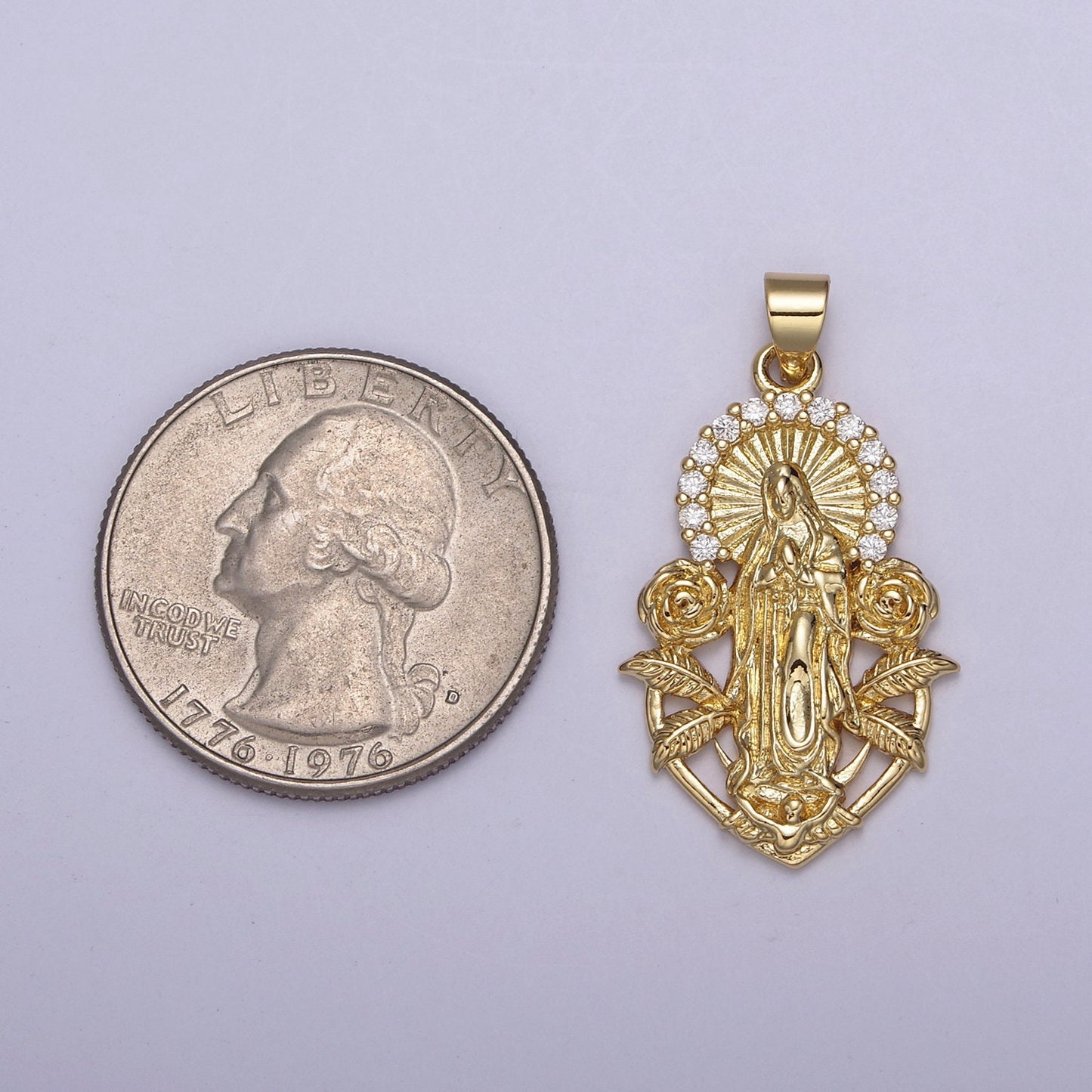 24K Gold Mother Mary Pendant with Roses, Micro Pave Cubic Zirconia Flower Lady Guadalupe Charm For DIY Jewelry Necklace Making H-800