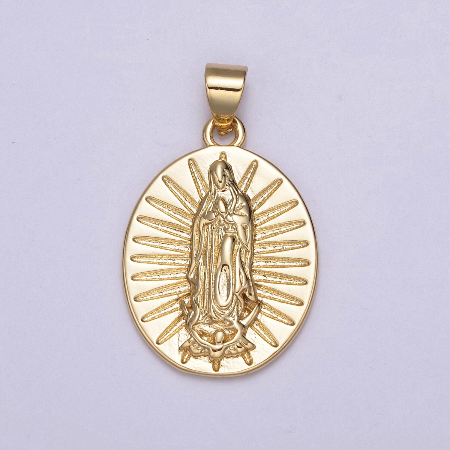 24K Gold Miraculous Lady Guadalupe Praying Charm Pendant, Textured Sunburst Mother Mary Pendant For DIY Jewelry Necklace Making H-517