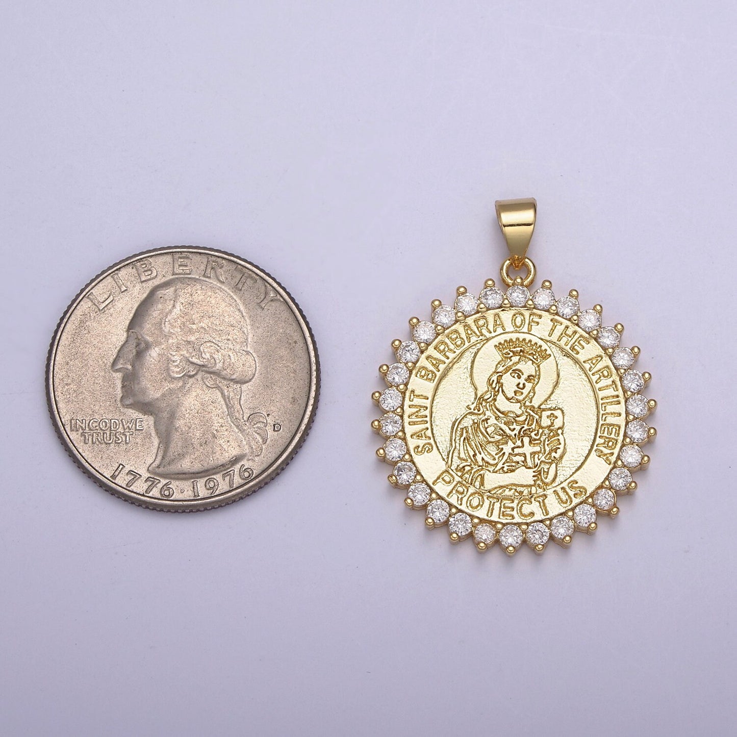 Round 14K Gold Filled Saint Barbara Round Religious Medallion Pendant Micro Pave Religious necklace Charm H-924