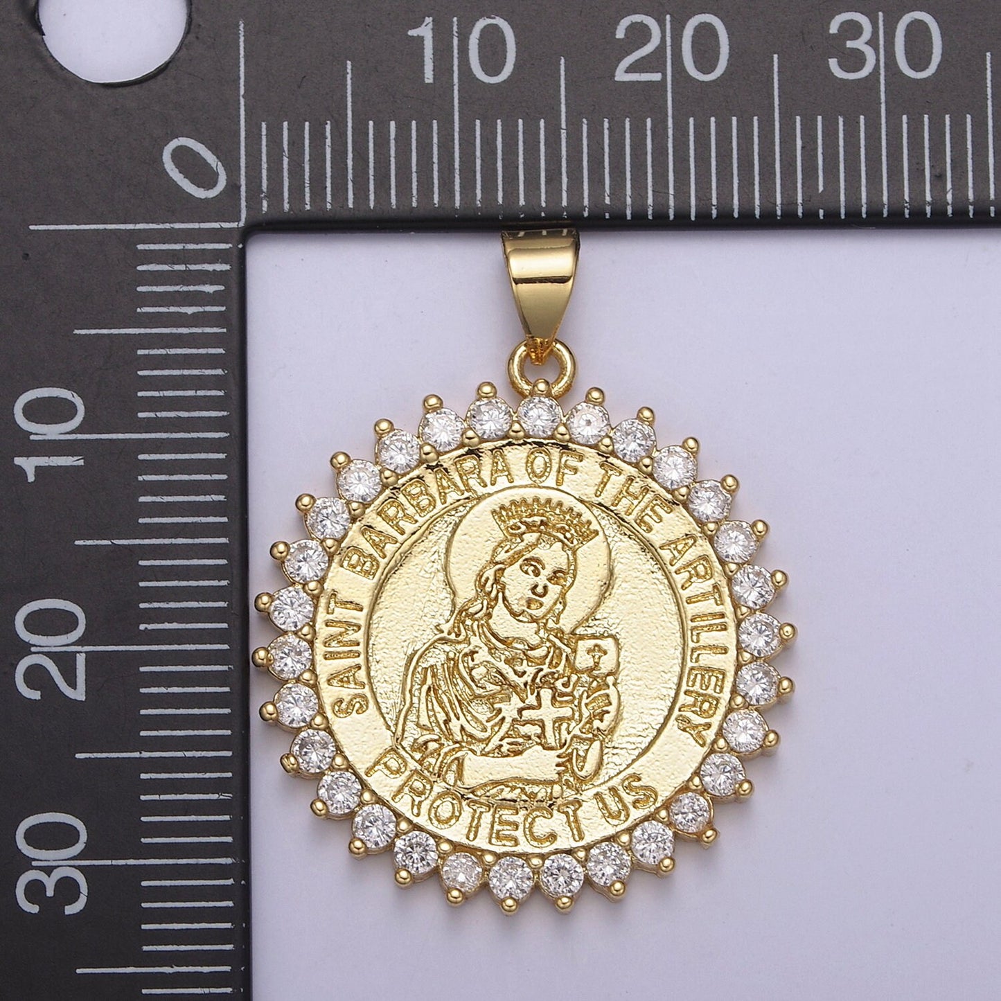 Round 14K Gold Filled Saint Barbara Round Religious Medallion Pendant Micro Pave Religious necklace Charm H-924