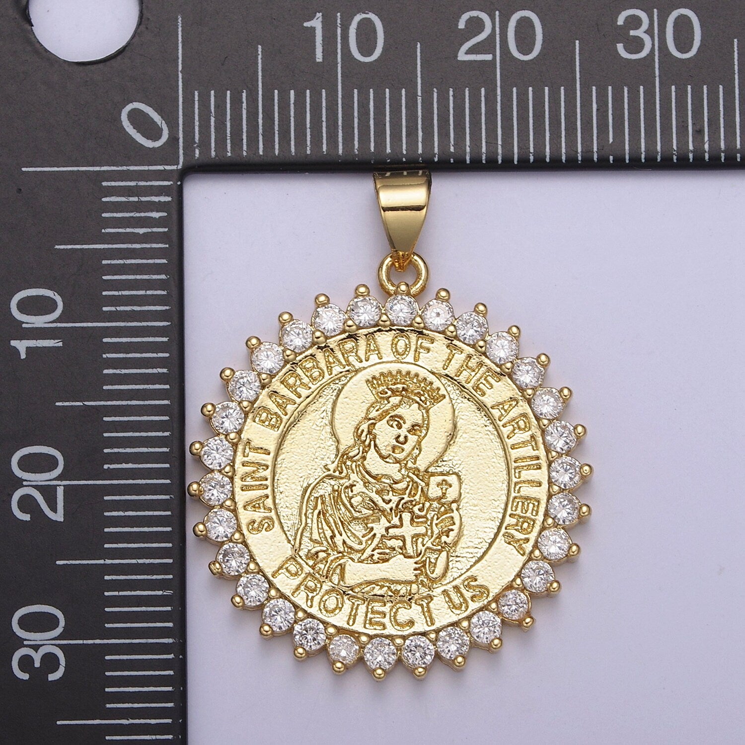 Round 14K Gold Filled Saint Barbara Round Religious Medallion Pendant Micro Pave Religious necklace Charm H-924