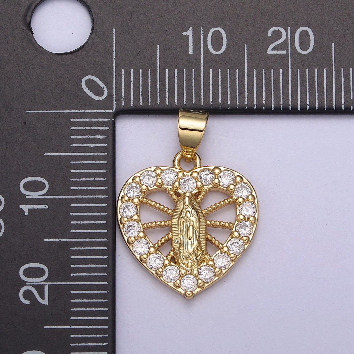 24K Gold Lady Guadalupe Pendant, Miraculous Virgin Mary on Micro Pave Heart Cubic Zirconia Charm, Religious Supply For Jewelry Making, H-725