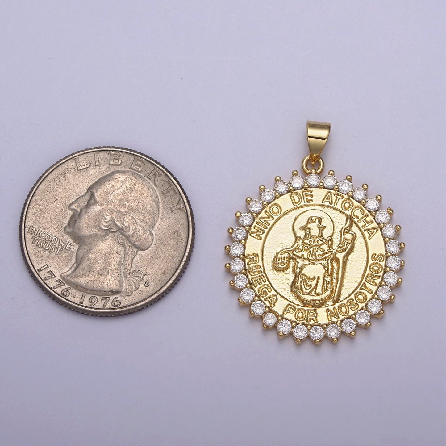 24K Gold Round Nino De Atocha Pendant Charm, Micro Pave CZ Religious Ruega Por Nosotros Charm Supply For DIY Jewelry Making H-757