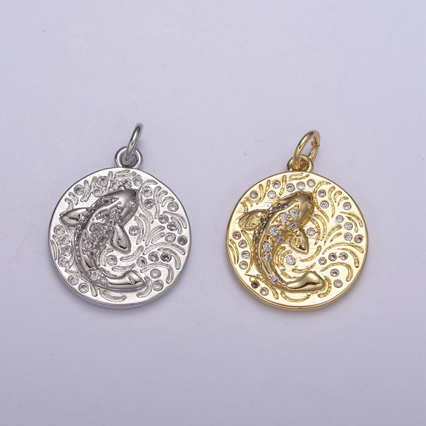 14K Gold Filled koi fish charm pendant Japanese koi carp disc Coin charm-Component supply Animal Jewelry N-254 / N-255