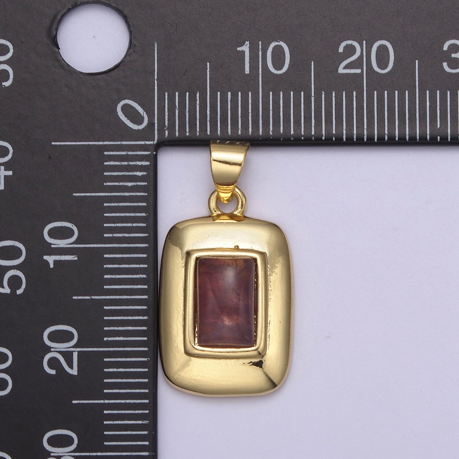 Dainty Ruby Dark Red Gemstone Square Rectangle Gold Medallion Charm Tiny Small Pendant Tag Charm, Bracelet Necklace Earring Finding | H-622