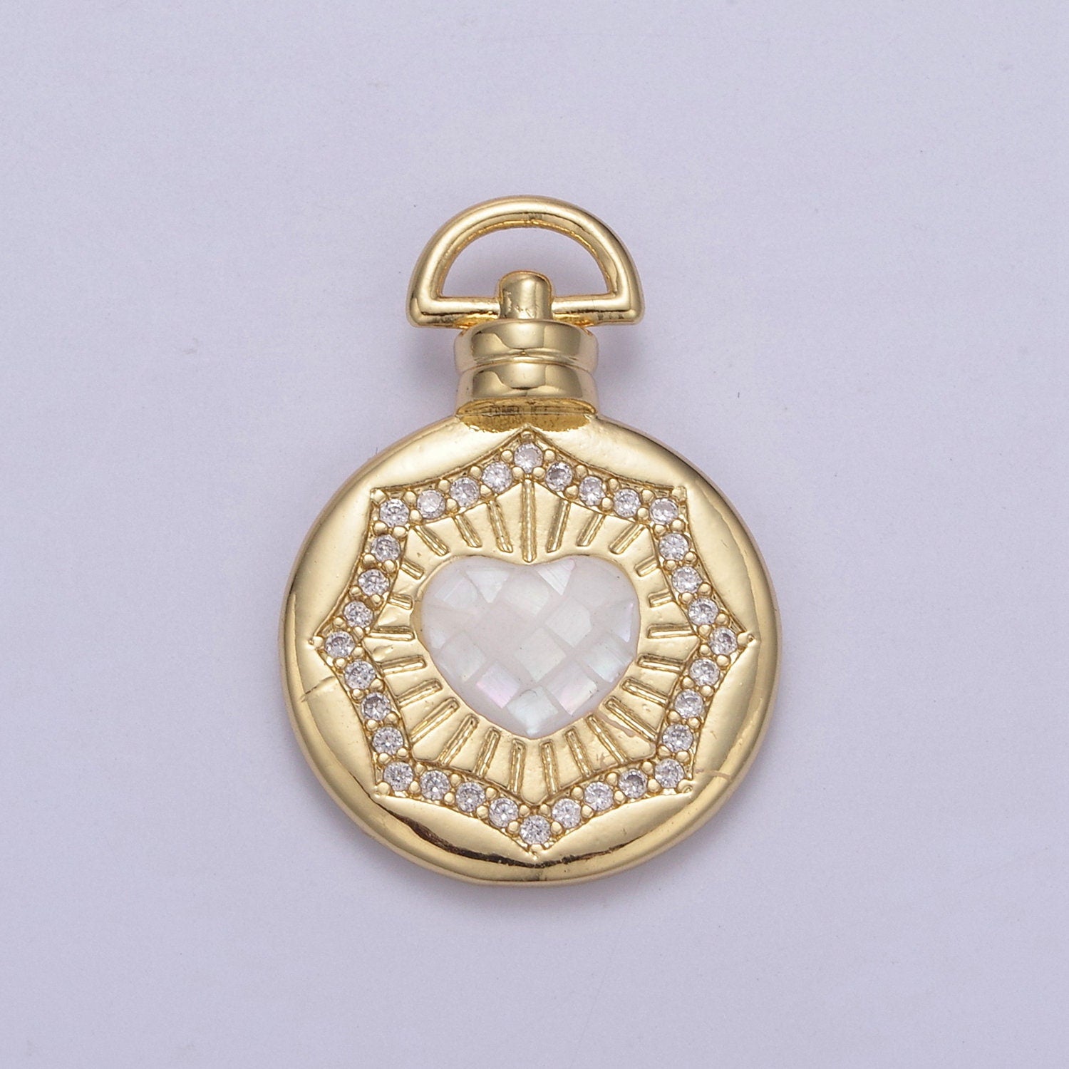 24K Gold Round Pink / White Heart Medallion with Micro Pave Cubic Zirconia Love & Friendship Gift, Charm Pendant For Jewelry Making Findings