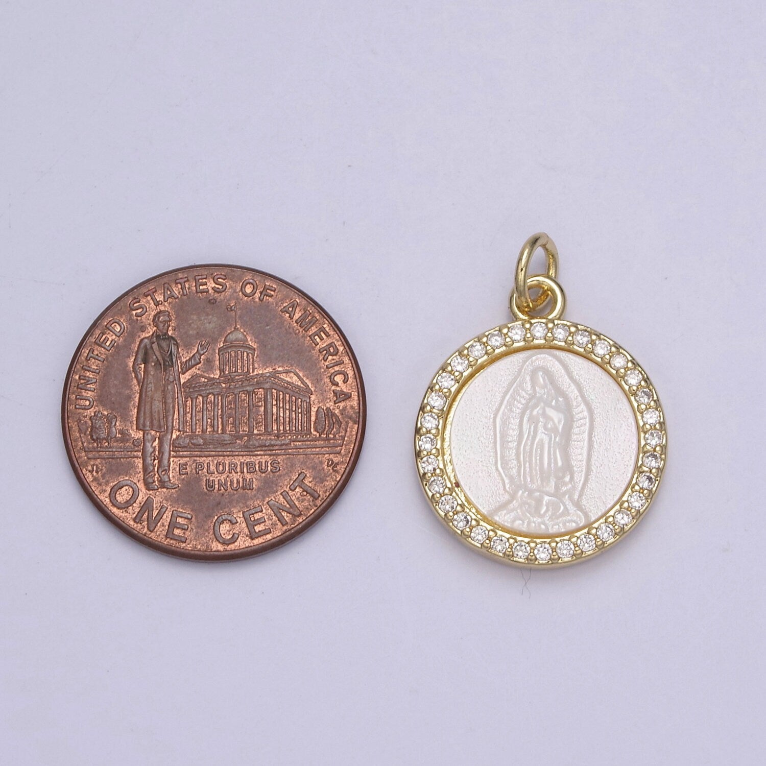 Mother of Pearl Our Lady of Guadalupe Pendant/Virgin Mary Charm Medallion Bezeled with Gold Filled and CZ Micro Pave Religious Supply N-711
