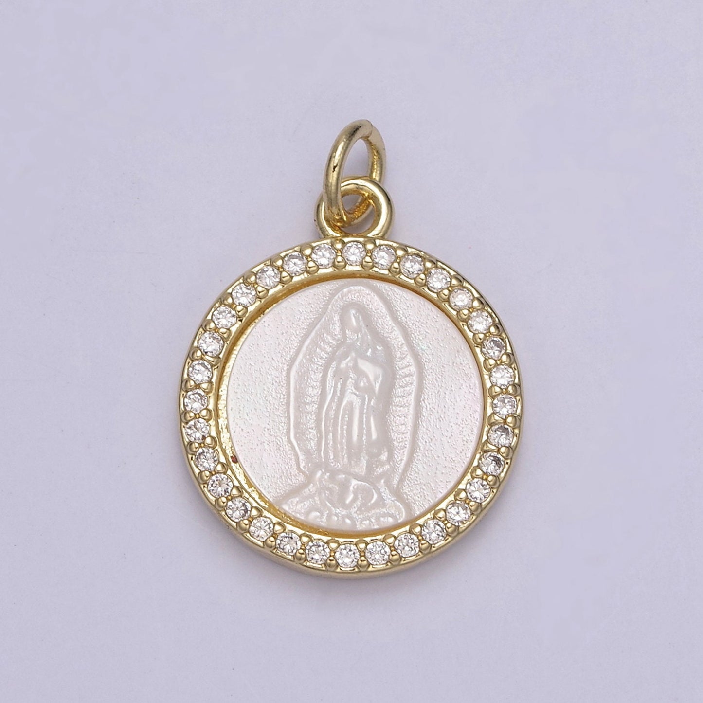 Mother of Pearl Our Lady of Guadalupe Pendant/Virgin Mary Charm Medallion Bezeled with Gold Filled and CZ Micro Pave Religious Supply N-711
