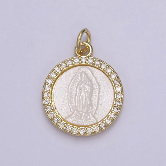 Mother of Pearl Our Lady of Guadalupe Pendant/Virgin Mary Charm Medallion Bezeled with Gold Filled and CZ Micro Pave Religious Supply N-711