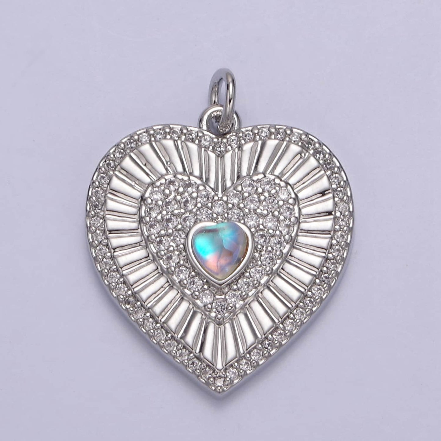 Gold Filled Radial Heart Charm Necklace, Rainbow Moonstone Sunburst Gold Pendant, Dainty Heart Love Valentine Gift Necklace Supply N-765