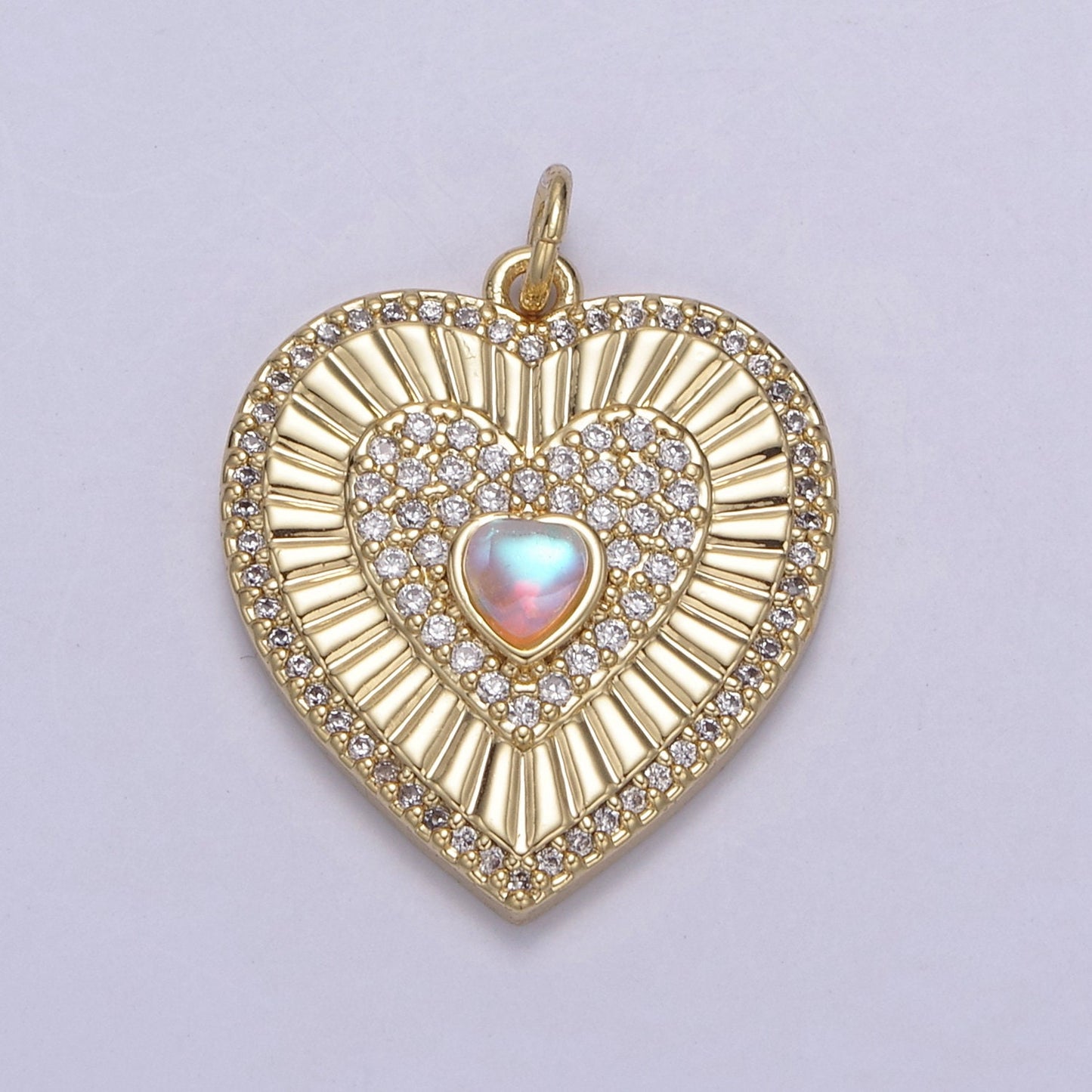 Gold Filled Radial Heart Charm Necklace, Rainbow Moonstone Sunburst Gold Pendant, Dainty Heart Love Valentine Gift Necklace Supply N-765