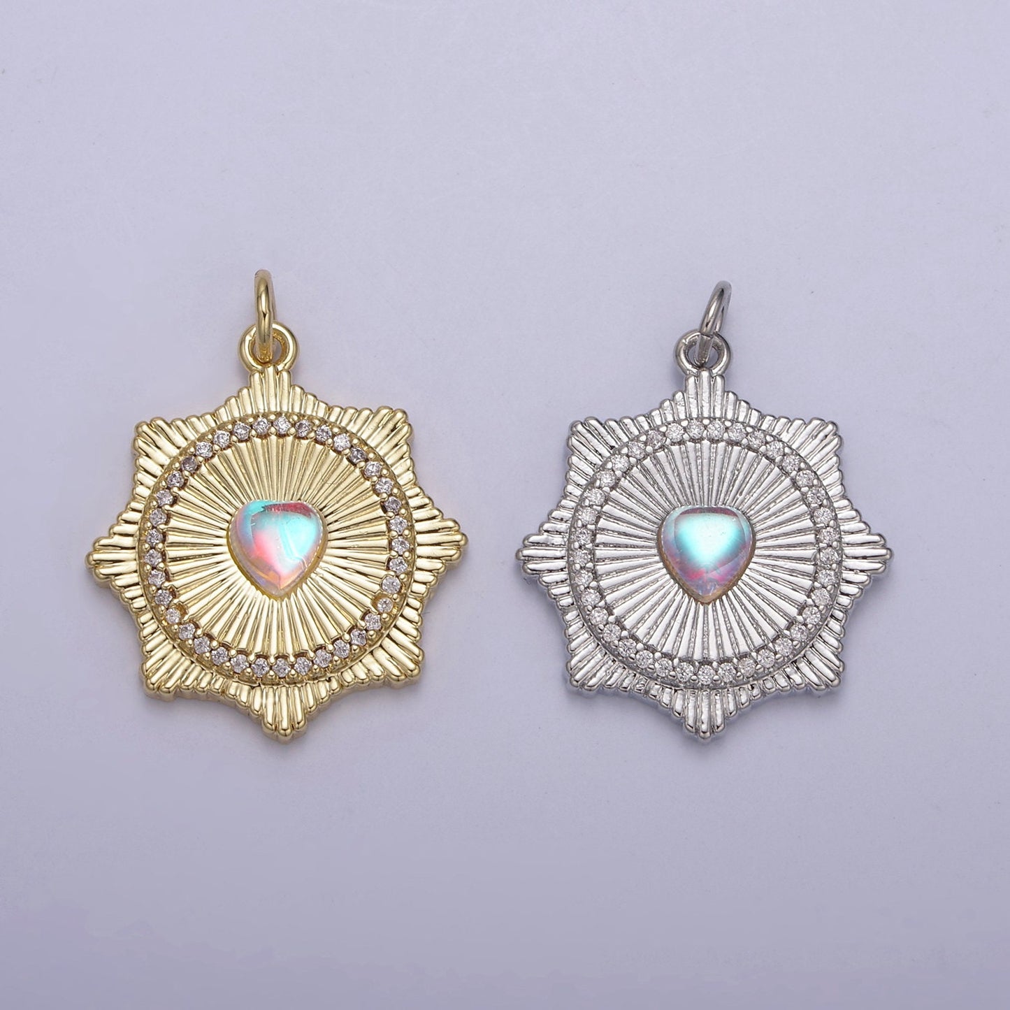 Gold Filled Radial Sun Burst Charm Necklace, Rainbow Moonstone Sunburst Gold Pendant, Dainty Celestial Jewelry Gift Necklace Supply N-693