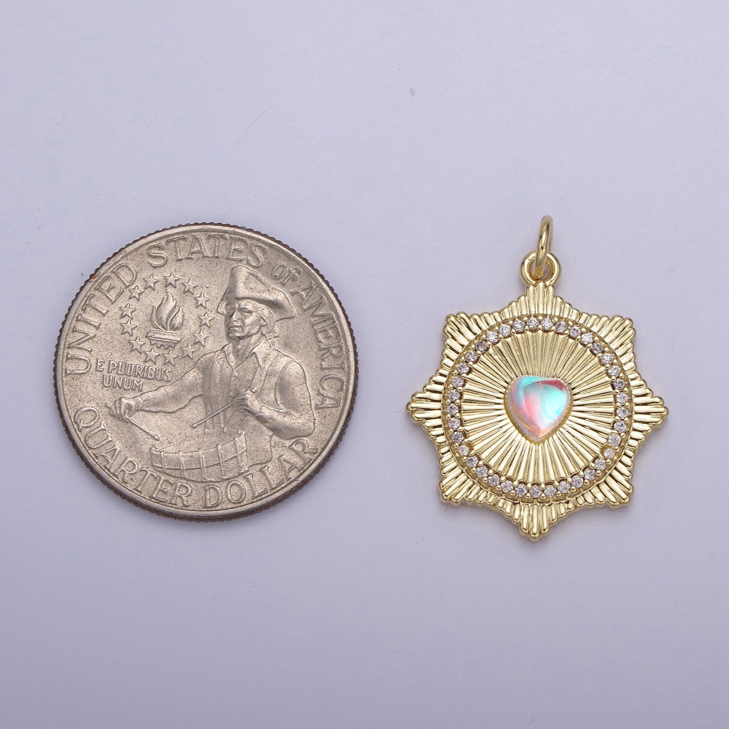 Gold Filled Radial Sun Burst Charm Necklace, Rainbow Moonstone Sunburst Gold Pendant, Dainty Celestial Jewelry Gift Necklace Supply N-693