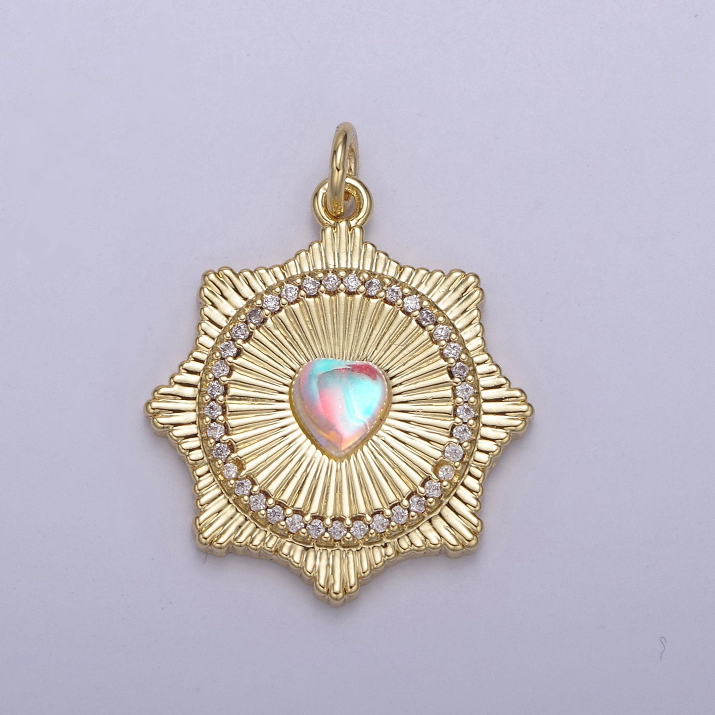 Gold Filled Radial Sun Burst Charm Necklace, Rainbow Moonstone Sunburst Gold Pendant, Dainty Celestial Jewelry Gift Necklace Supply N-693