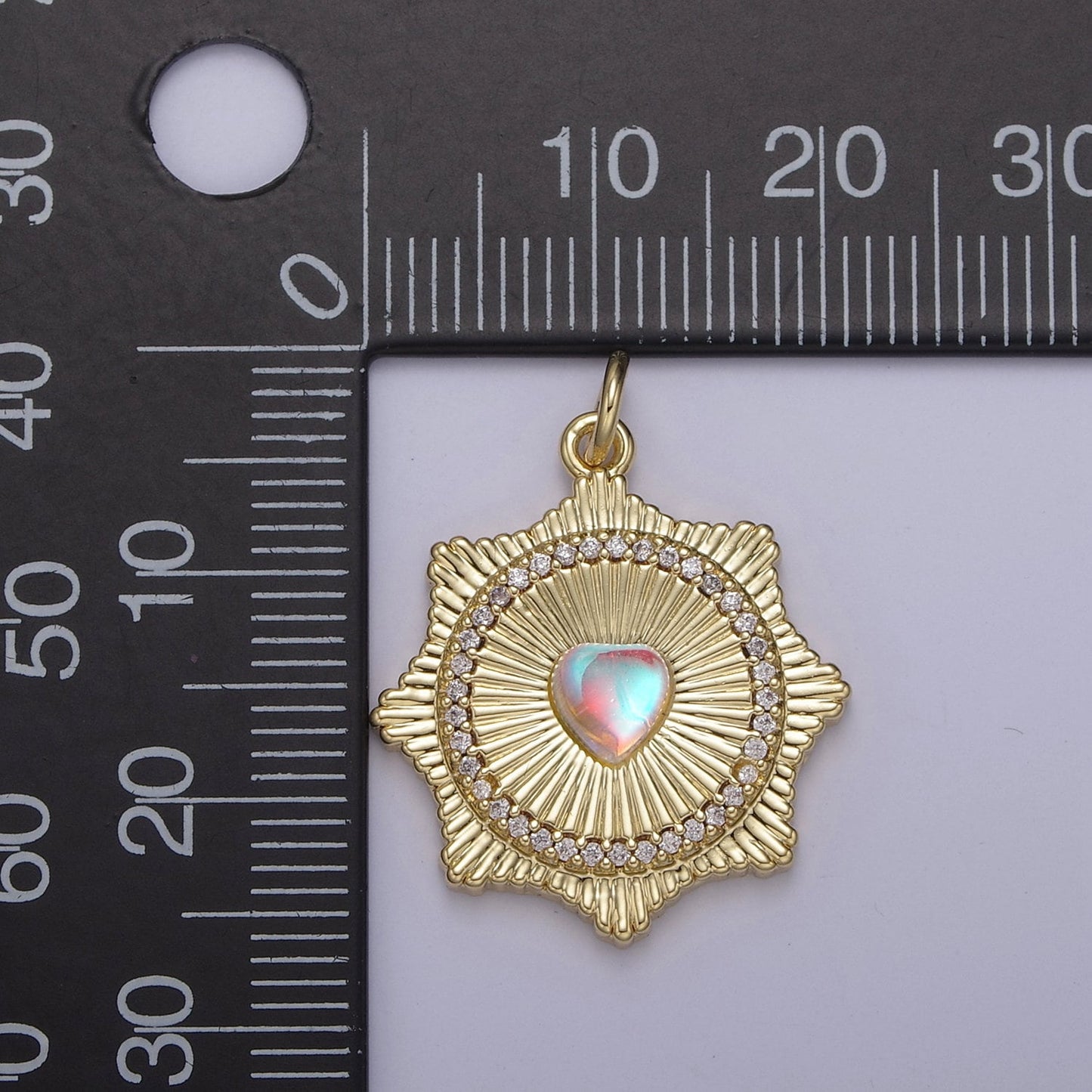 Gold Filled Radial Sun Burst Charm Necklace, Rainbow Moonstone Sunburst Gold Pendant, Dainty Celestial Jewelry Gift Necklace Supply N-693