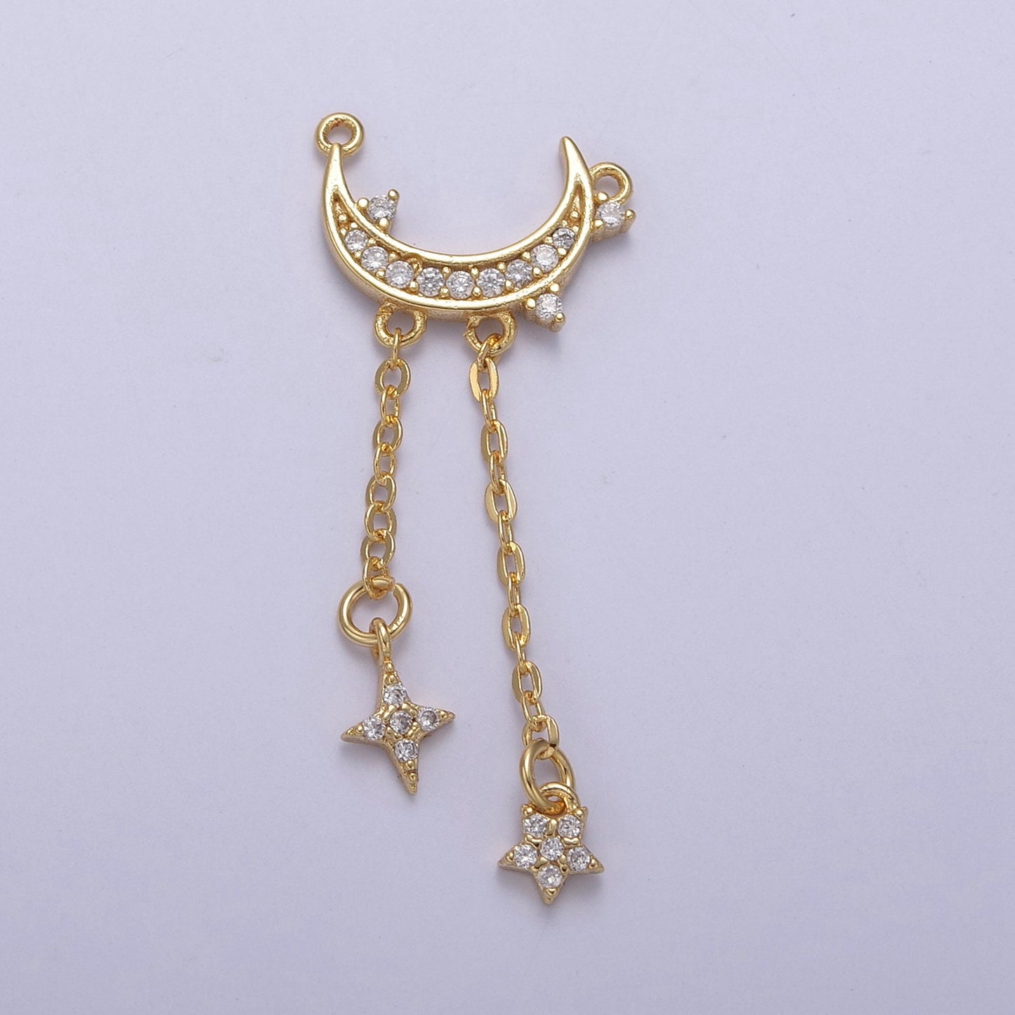 Gold Crescent Moo Charm Connector, Micro Pave Star Charm, Cubic Zirconia Moon Link Connector for Necklace Pendant Double Bail F-833