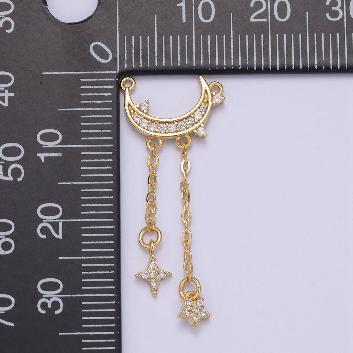 Gold Crescent Moo Charm Connector, Micro Pave Star Charm, Cubic Zirconia Moon Link Connector for Necklace Pendant Double Bail F-833