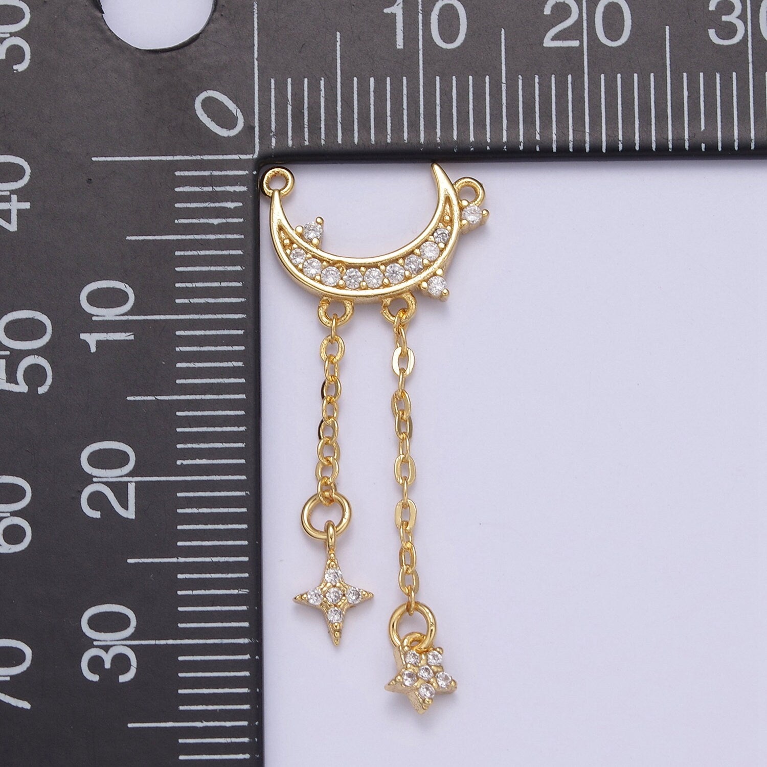 Gold Crescent Moo Charm Connector, Micro Pave Star Charm, Cubic Zirconia Moon Link Connector for Necklace Pendant Double Bail F-833