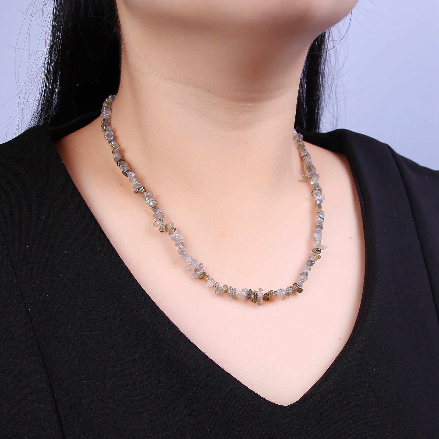 Dark Labradorite Beaded Necklace - 17.5" Chip Necklace Healing Crystals, Gemstone Necklace, Handmade Jewelry, Crystal Necklace WA-642