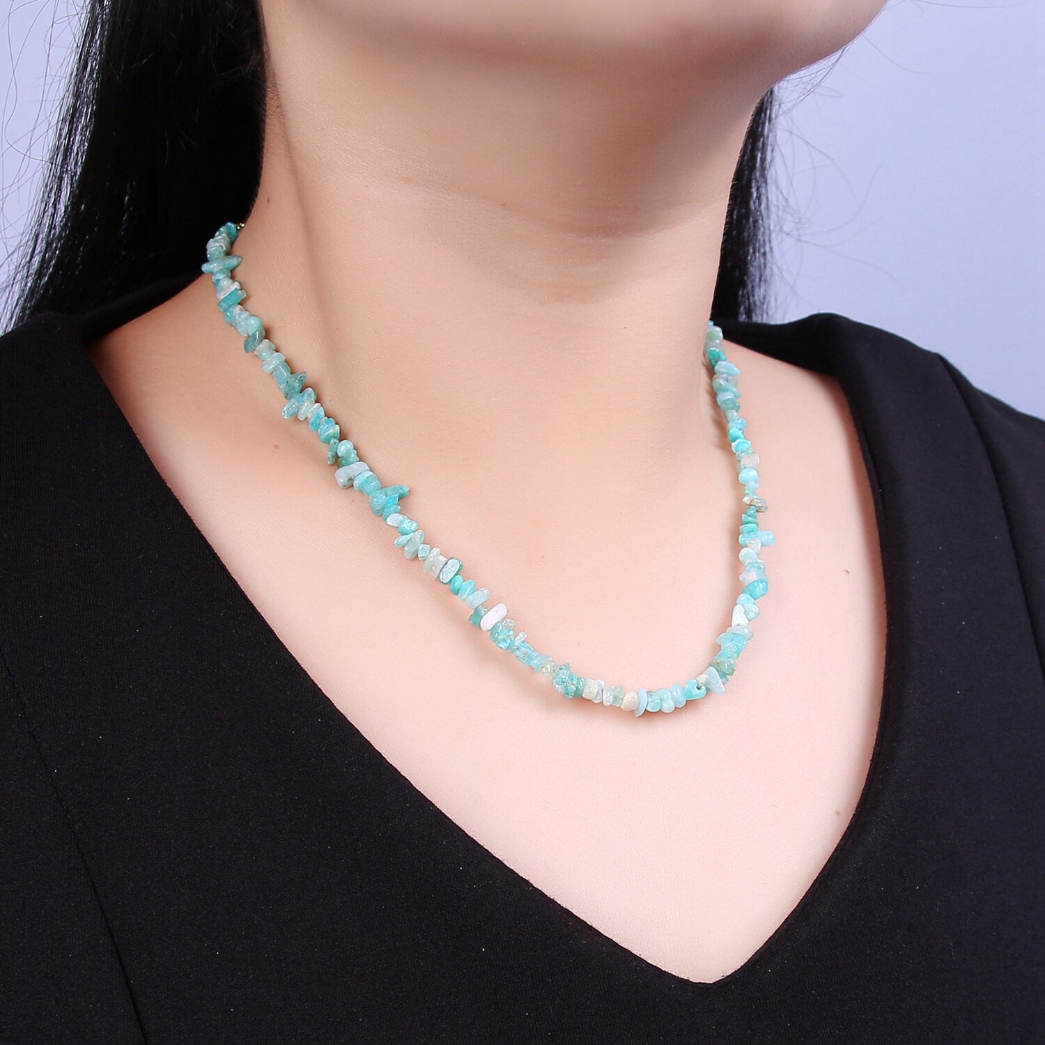 Green Blue Amazonite Beaded Necklace - 17.2" Chip Necklace Healing Crystals, Gemstone Necklace, Handmade Jewelry, Crystal Necklace WA-648