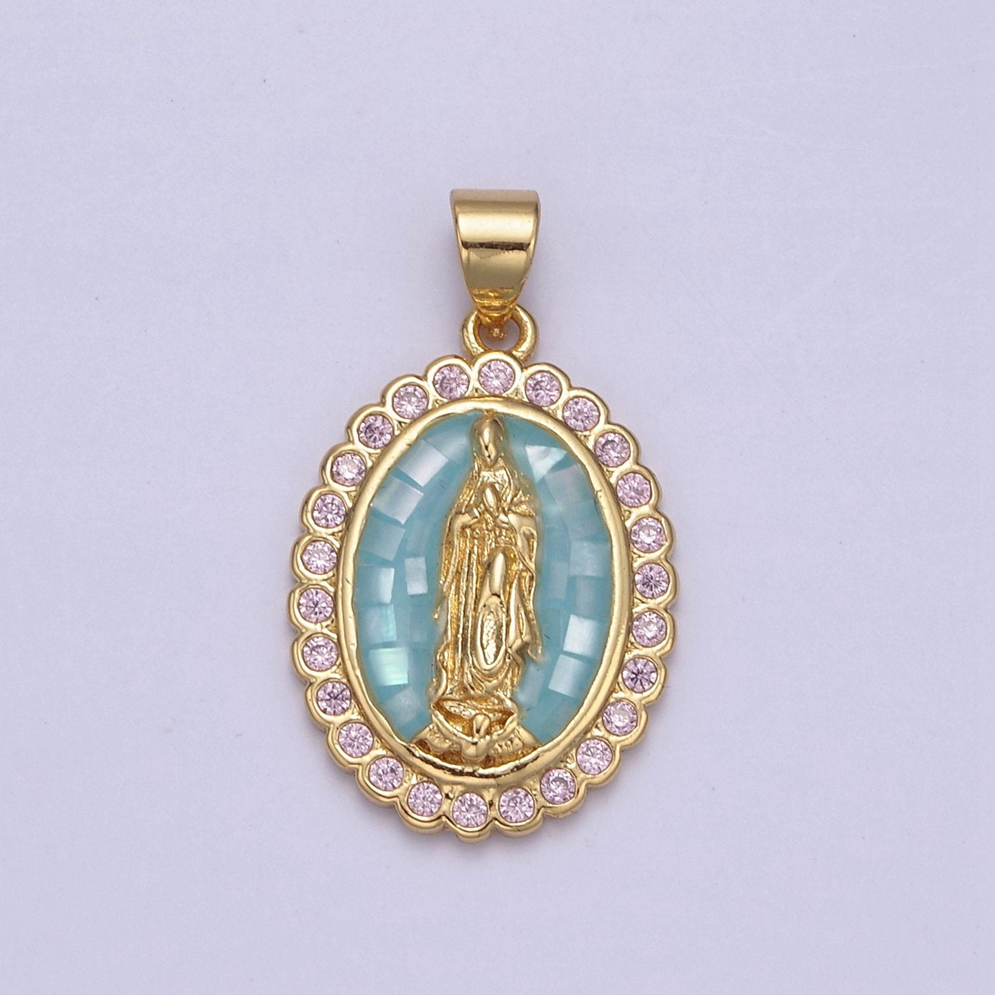 Green Shell Miraculous Lady Charm for Necklace, Dainty Lady of Guadalupe Pendant for Religious Jewelry Making Supply in Gold Filled - N551