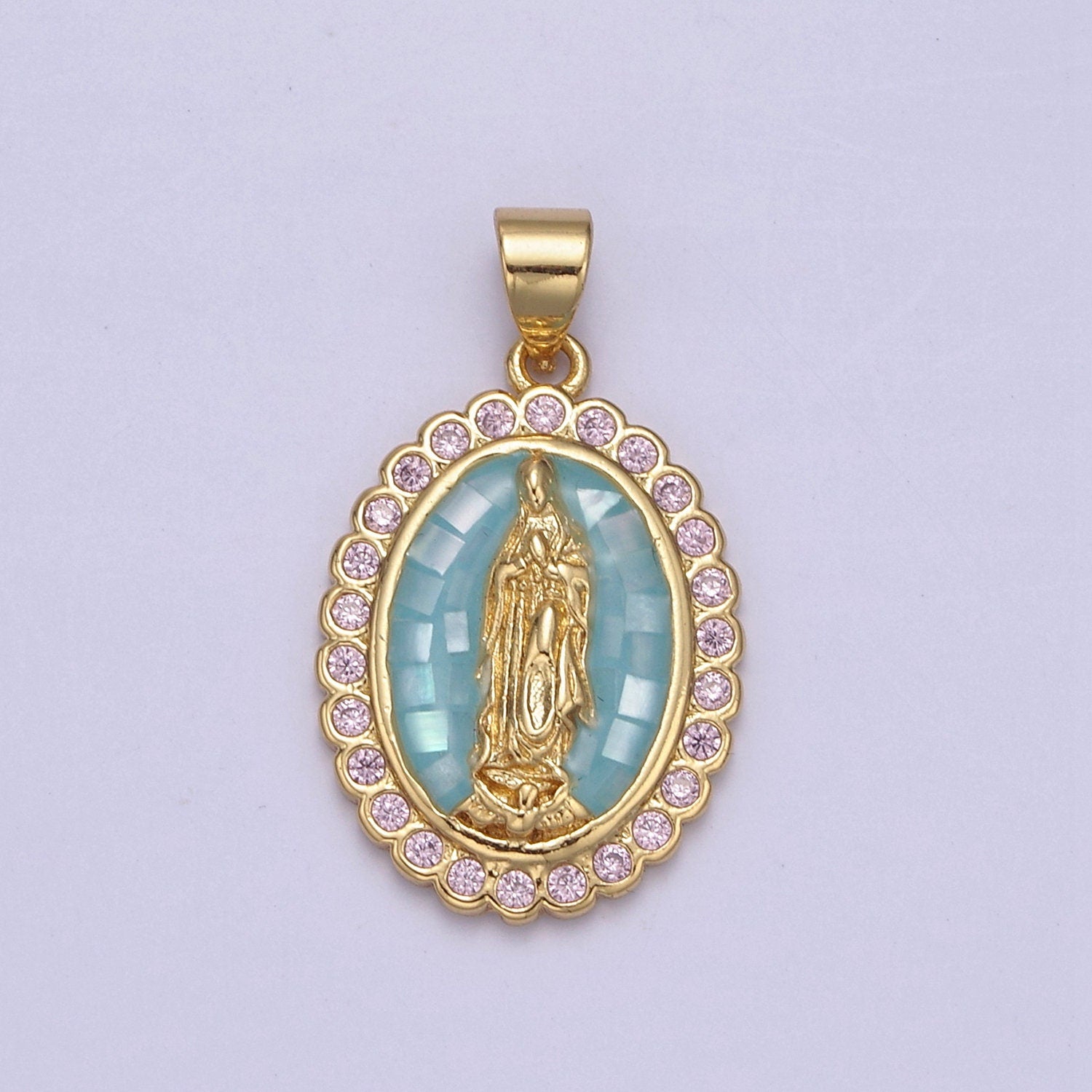 Green Shell Miraculous Lady Charm for Necklace, Dainty Lady of Guadalupe Pendant for Religious Jewelry Making Supply in Gold Filled - N551
