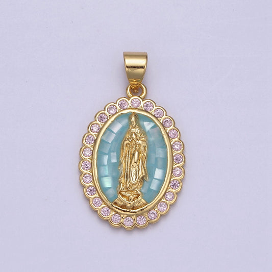 Green Shell Miraculous Lady Charm for Necklace, Dainty Lady of Guadalupe Pendant for Religious Jewelry Making Supply in Gold Filled - N551