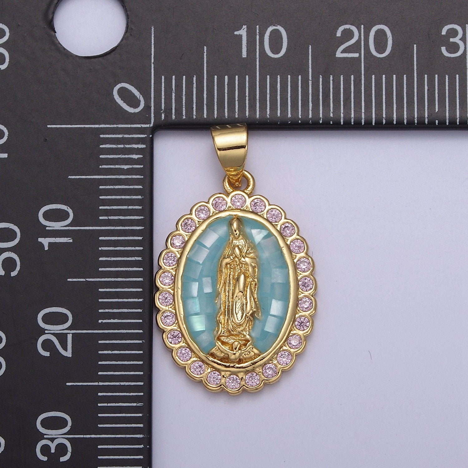 Green Shell Miraculous Lady Charm for Necklace, Dainty Lady of Guadalupe Pendant for Religious Jewelry Making Supply in Gold Filled - N551