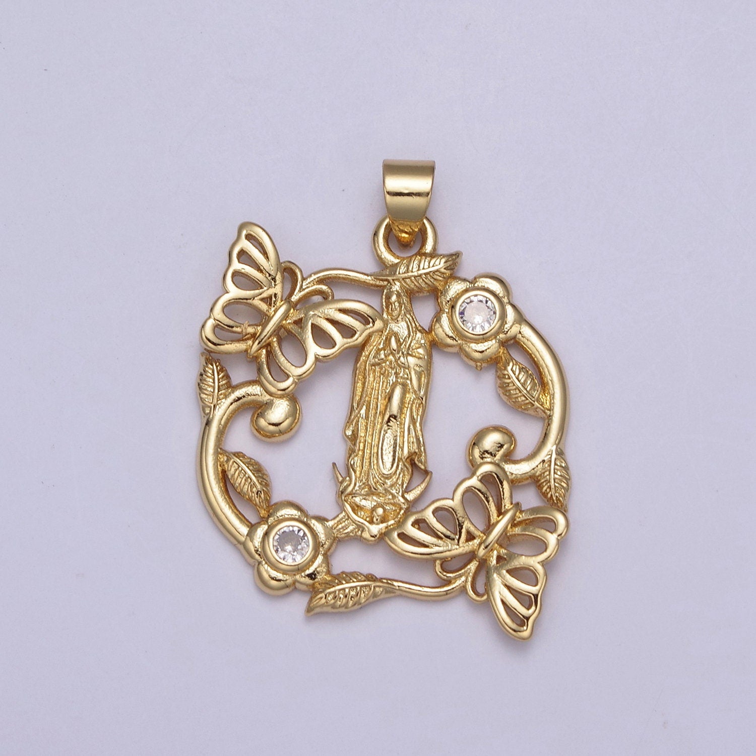 24K Gold Virgin Mother Mary with Mariposa Butterfly, Flower Pendant Charm For Baptism, Religious Charm For DIY Necklace Making H-823