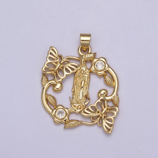 24K Gold Virgin Mother Mary with Mariposa Butterfly, Flower Pendant Charm For Baptism, Religious Charm For DIY Necklace Making H-823