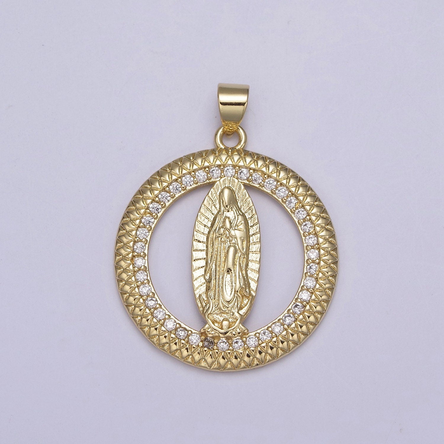 14K Gold Filled Lady Guadalupe Round Religious Medallion Pendant Micro Pave Virgin Mary necklace Charm H-885