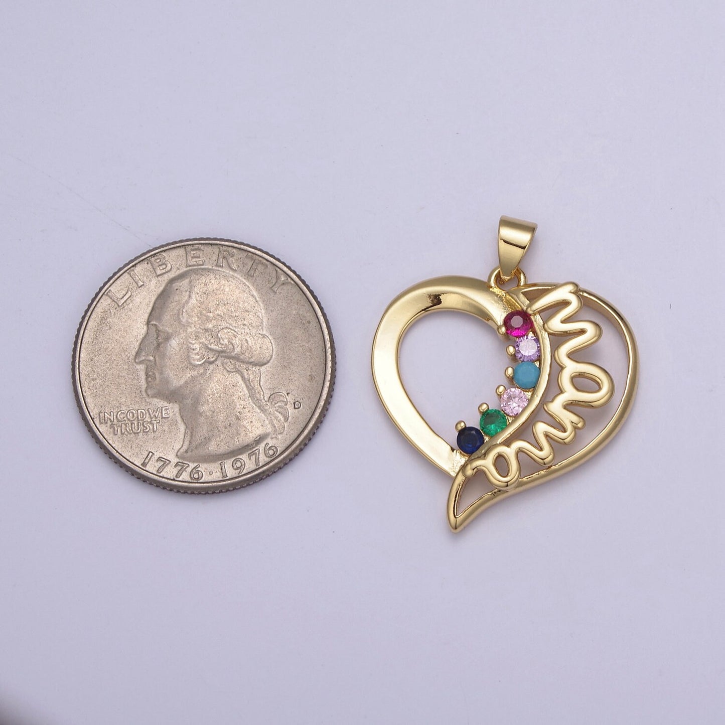 24K Gold Micro Pave Heart Pendant, Cubic Zirconia MAMA Charm, Mother's Day Pendant For DIY Jewelry Necklace Making, H-742