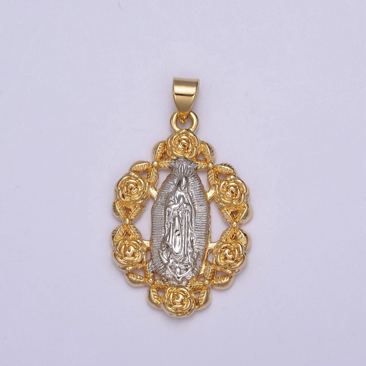 24K Gold Rose Flower, Silver Miraculous Lady Guadalupe Pendant, Religious Virgin Mary Charm For DIY Jewelry Making H-822