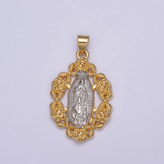 24K Gold Rose Flower, Silver Miraculous Lady Guadalupe Pendant, Religious Virgin Mary Charm For DIY Jewelry Making H-822