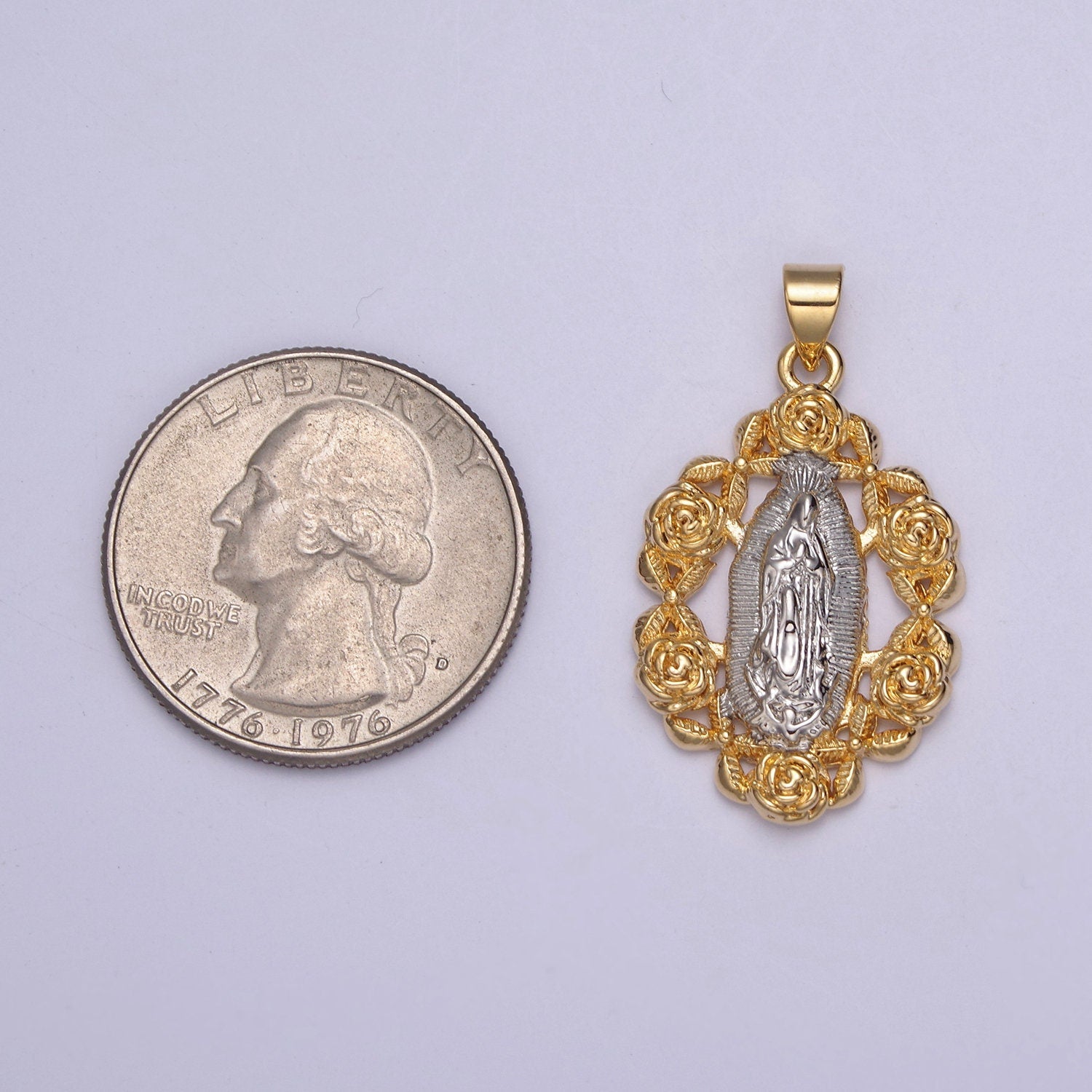 24K Gold Rose Flower, Silver Miraculous Lady Guadalupe Pendant, Religious Virgin Mary Charm For DIY Jewelry Making H-822