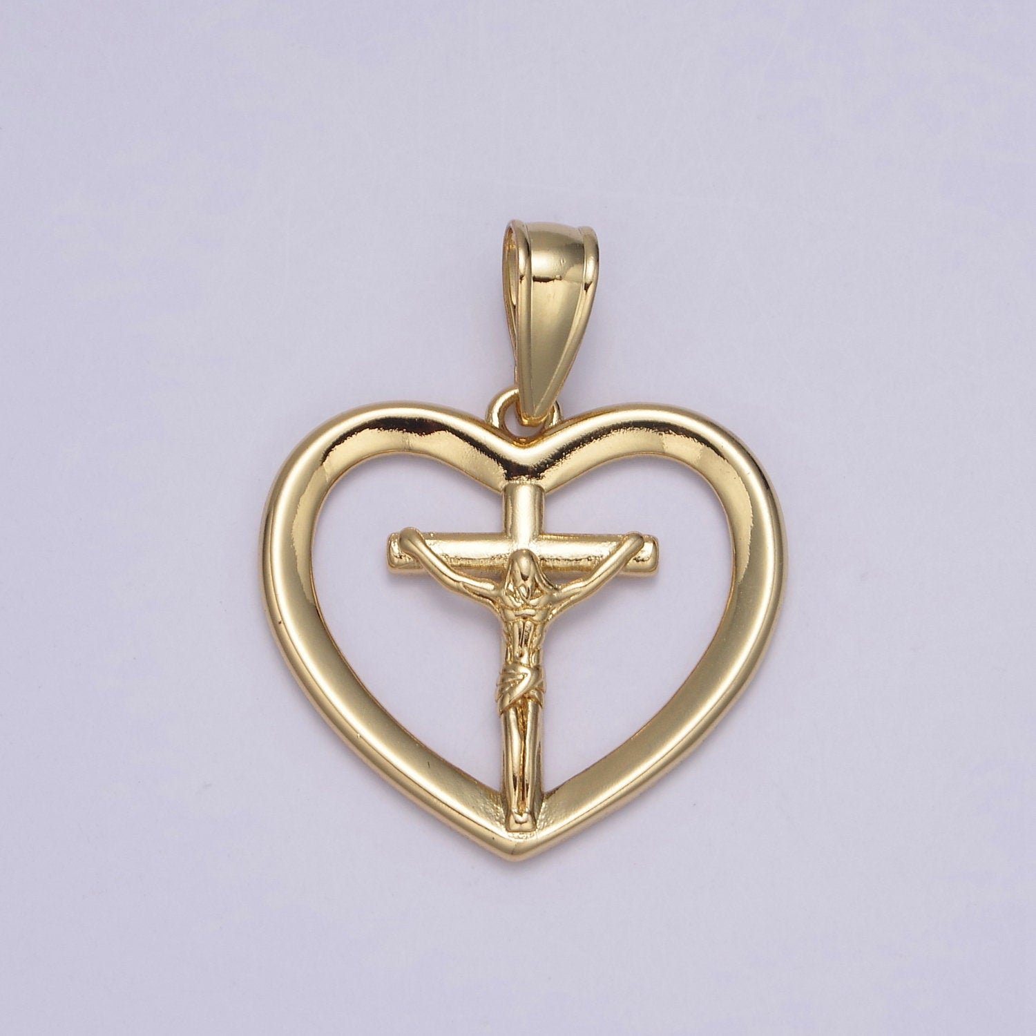 24K Gold Jesus on the Cross Charm, Jesus Loves You Heart Pendant, Religious Christian Catholic DIY Jewelry Necklace Making For Baptism H-701