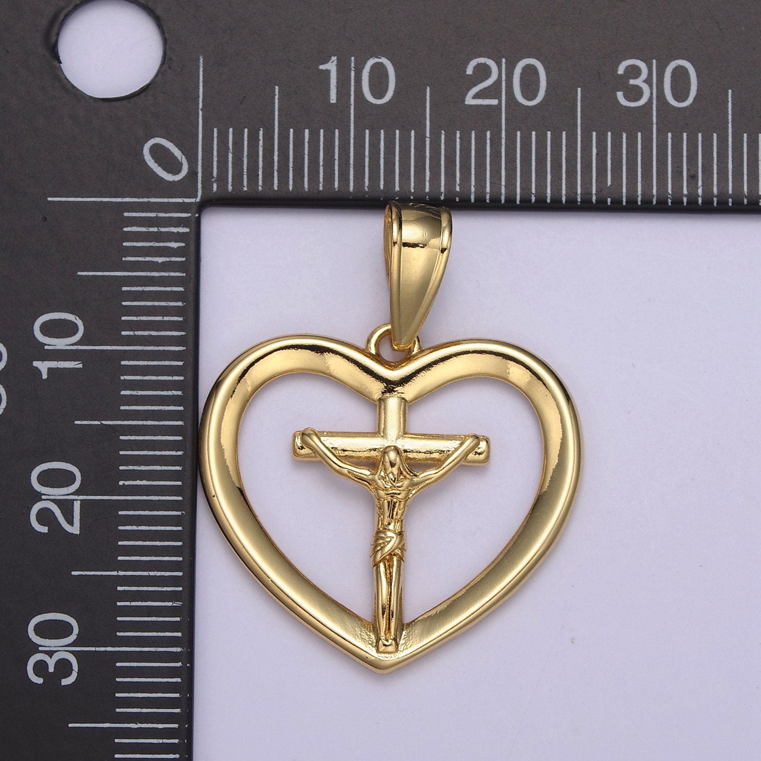 24K Gold Jesus on the Cross Charm, Jesus Loves You Heart Pendant, Religious Christian Catholic DIY Jewelry Necklace Making For Baptism H-701