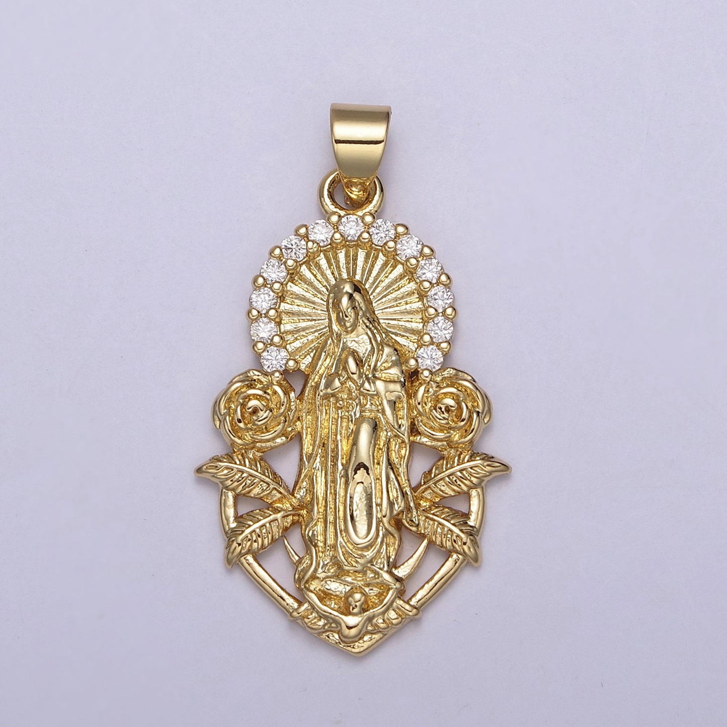 24K Gold Mother Mary Pendant with Roses, Micro Pave Cubic Zirconia Flower Lady Guadalupe Charm For DIY Jewelry Necklace Making H-800