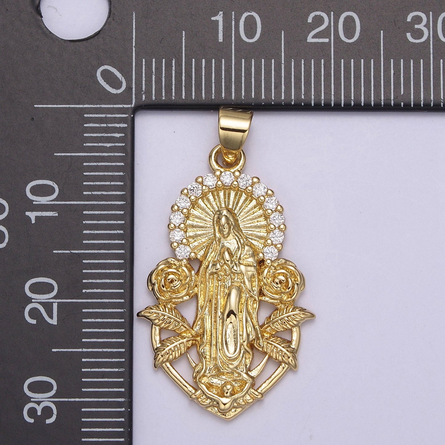 24K Gold Mother Mary Pendant with Roses, Micro Pave Cubic Zirconia Flower Lady Guadalupe Charm For DIY Jewelry Necklace Making H-800