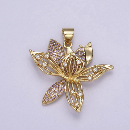 Purple Micro Pave Gold Flower Pendant H-918