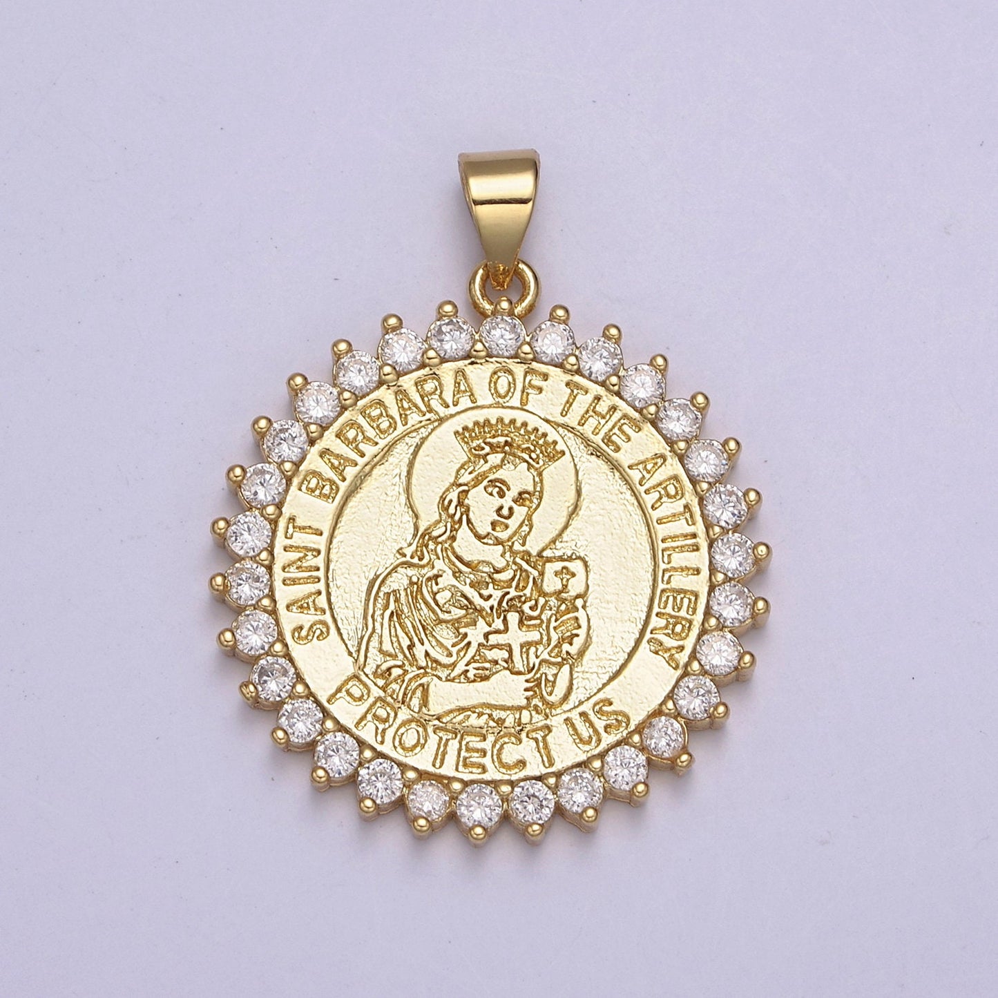 Round 14K Gold Filled Saint Barbara Round Religious Medallion Pendant Micro Pave Religious necklace Charm H-924