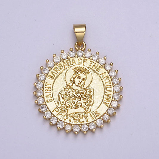 Round 14K Gold Filled Saint Barbara Round Religious Medallion Pendant Micro Pave Religious necklace Charm H-924
