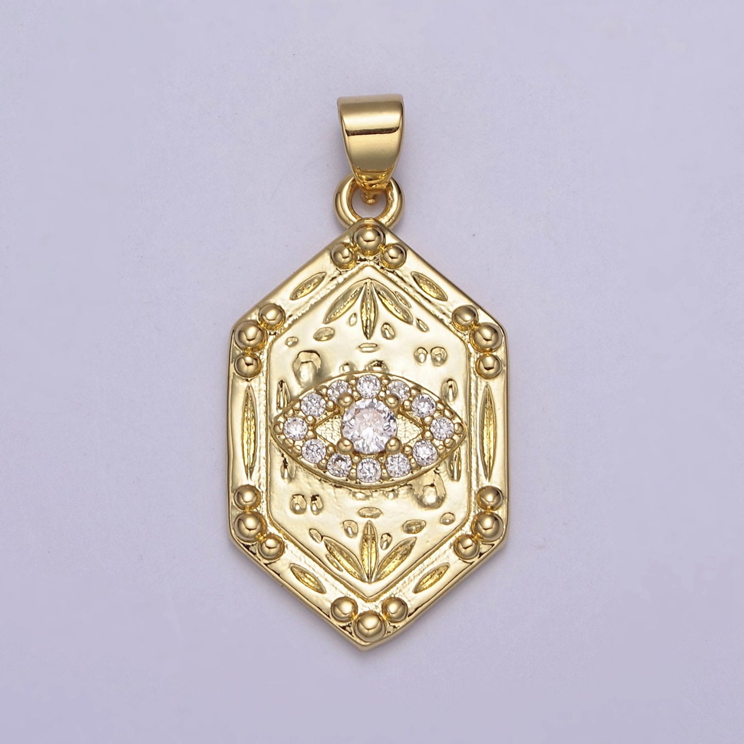 24K Gold Hexagon Micro Pave CZ Evil Eye Pendant, Cubic Zirconia Eye of Ra Charm For DIY Jewelry Making Supply, H-790