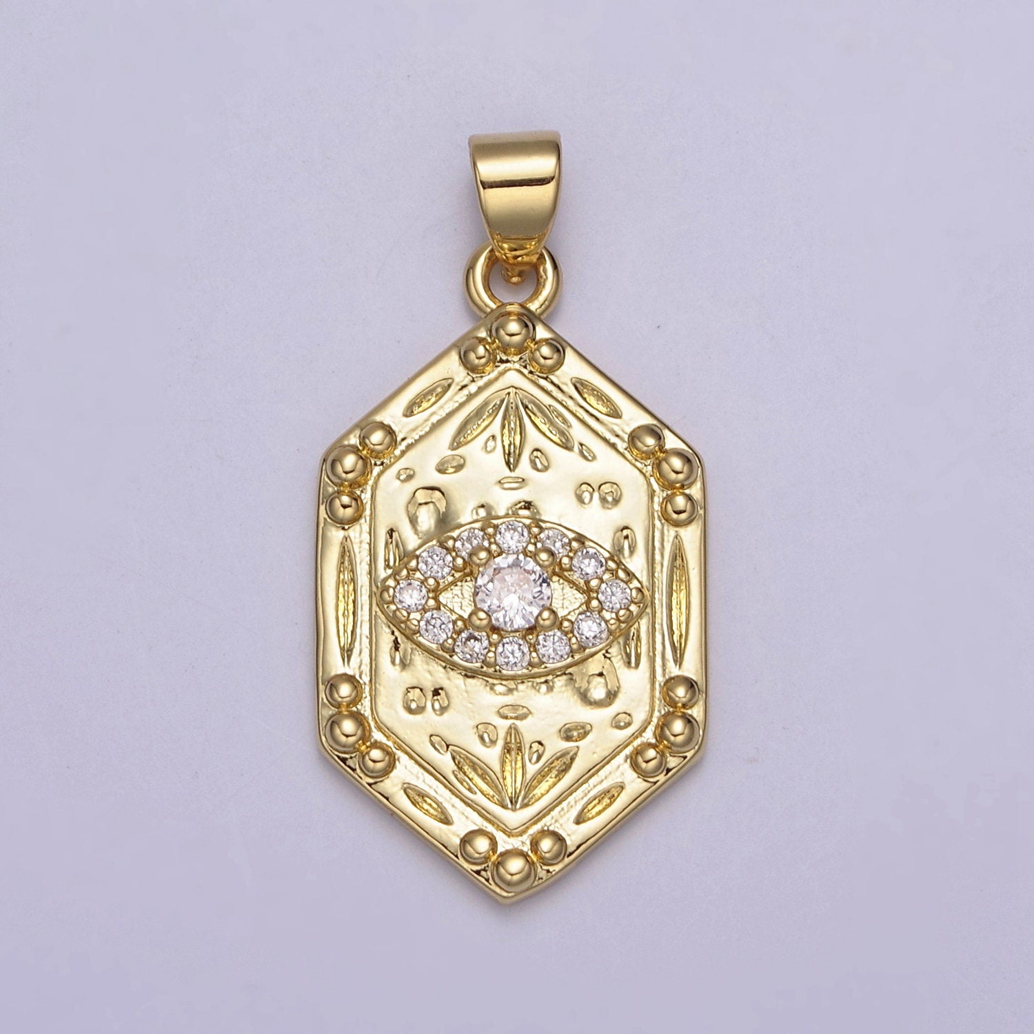 24K Gold Hexagon Micro Pave CZ Evil Eye Pendant, Cubic Zirconia Eye of Ra Charm For DIY Jewelry Making Supply, H-790