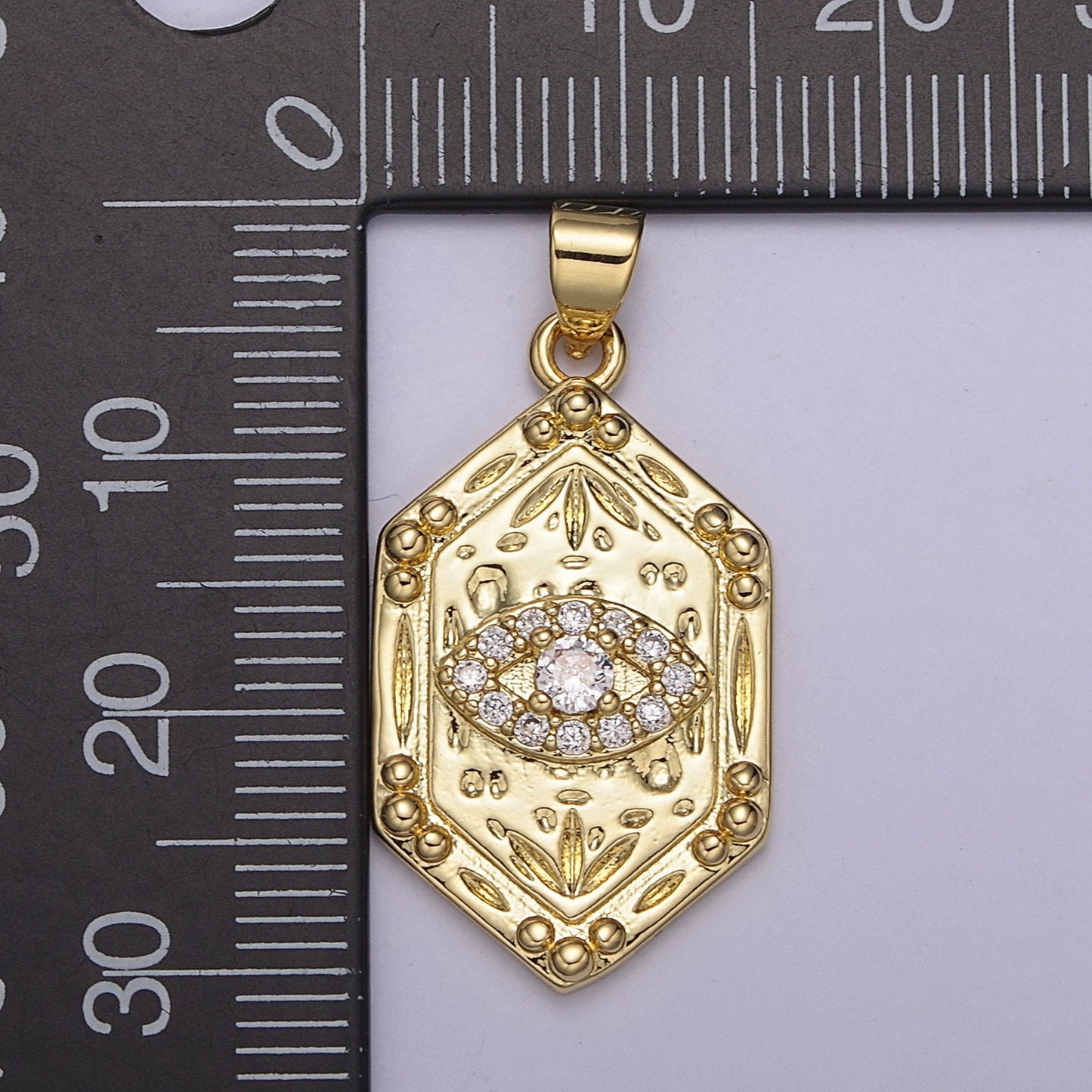 24K Gold Hexagon Micro Pave CZ Evil Eye Pendant, Cubic Zirconia Eye of Ra Charm For DIY Jewelry Making Supply, H-790